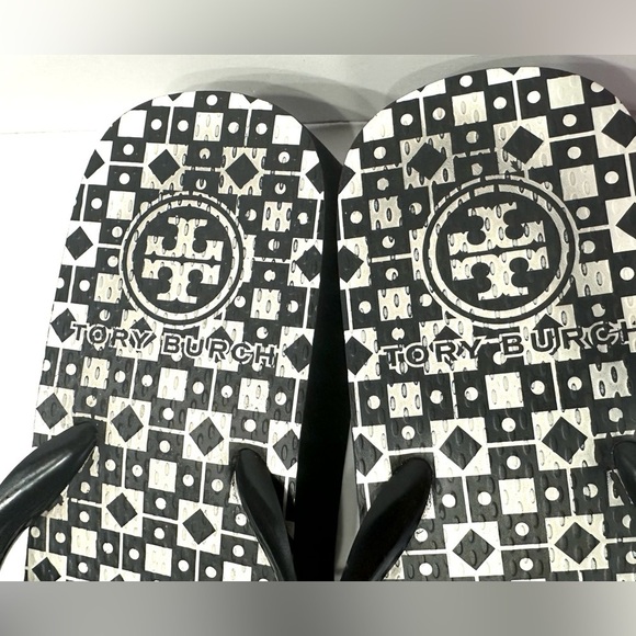 Tory Burch Womens Reva Rubber Flip Flops Black & Gray Logo Womens Wedges - Picture 3 of 11